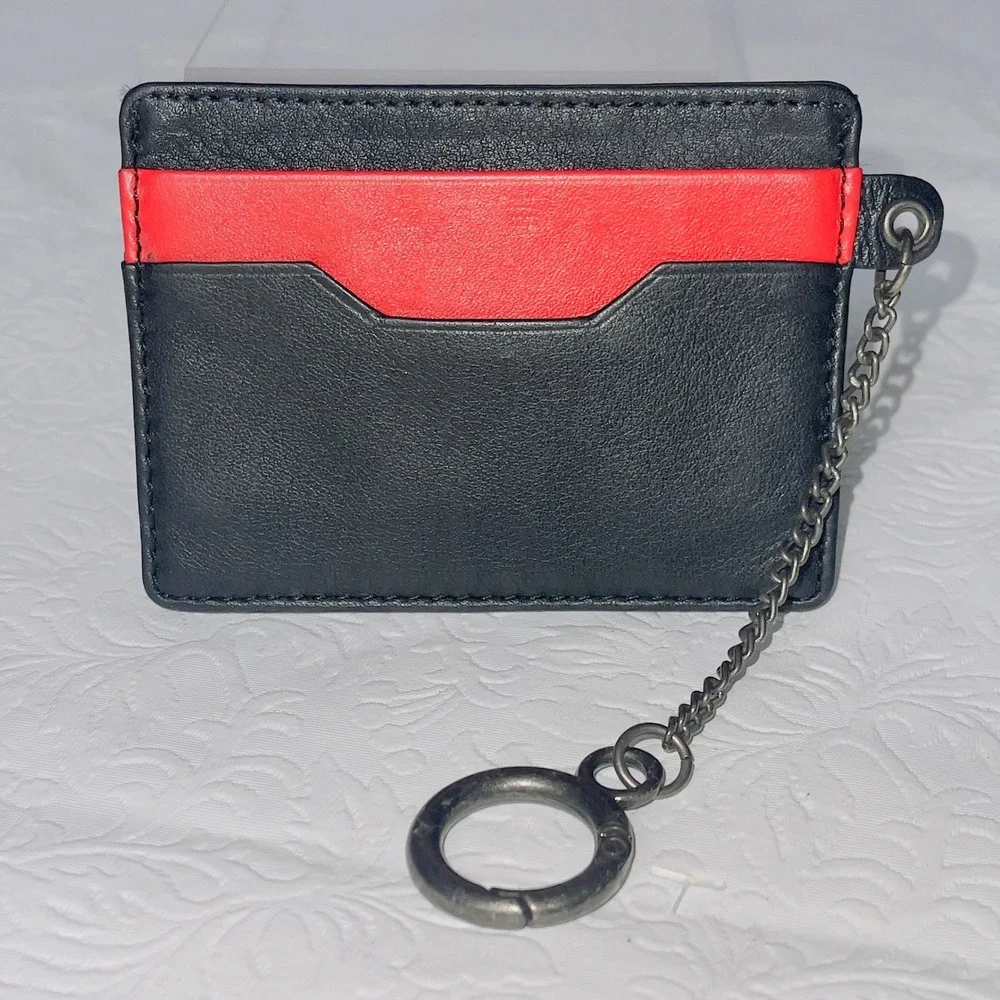 Unbranded Unisex Leather Card Holder OS Black Red Slim Keychain Wallet